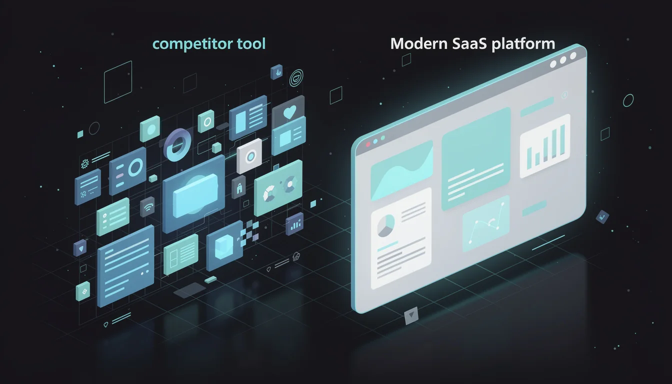 Hero-Splitscreen mit Hootsuites komplexem Dashboard neben Sydiums aufgeräumter Oberfläche